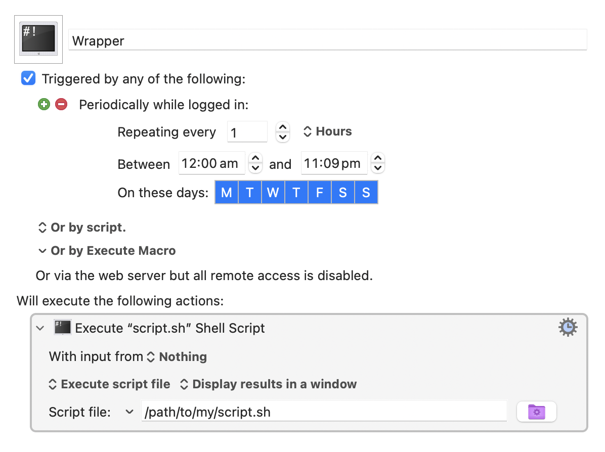 A screenshot of a demo Keyboard Maestro wrapper that periodically runs a script file.