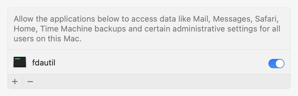 A screenshot of System Settings on macOS Sonoma showing the "Full Disk Access" preference pane. LaunchControl is shown in the list of apps with Full Disk Access.