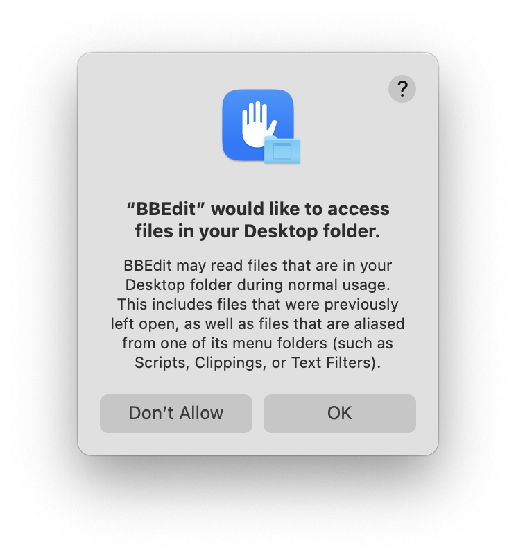 A screenshot of TCC on macOS Sonoma asking if BBEdit can access the Desktop folder.